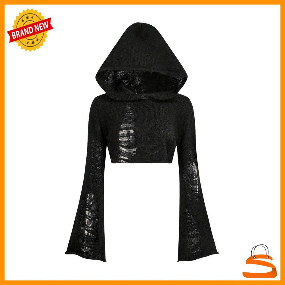 Cropped Pullover Hoodie with Bell Sleeves, Ripped Hollow Out Design, Lightweight